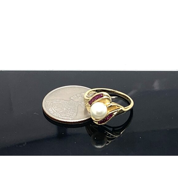 Pearl Red Gemstone Cocktail Ring 10k Yellow Gold Estate Jewelry Women's Size 7 - Picture 12 of 14